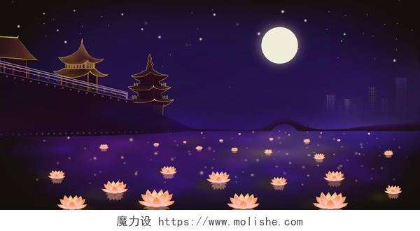 中国风中元节湖面花灯风景插画背景素材